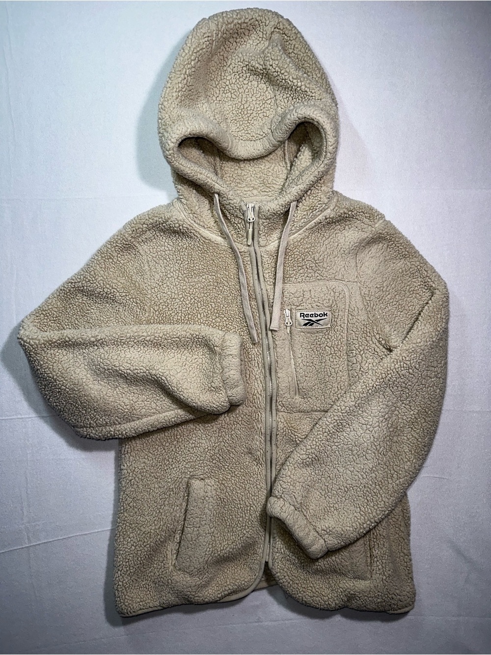 Reebok Beige Sherpa Fleece Full Zip Hooded Jacket Medium